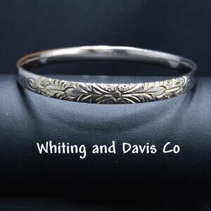 Vintage Whiting & Davis Silver Embossed Bangle Bracelet, Floral Design, 1950s